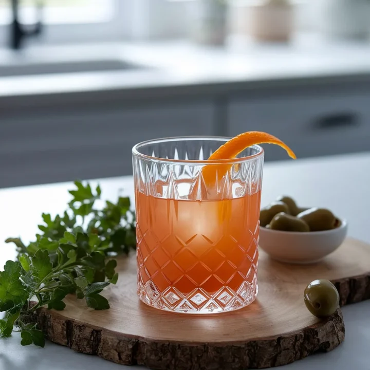 Elegant cocktail with orange twist on a wooden tray, next to fresh herbs and olives in a bright kitchen setting.