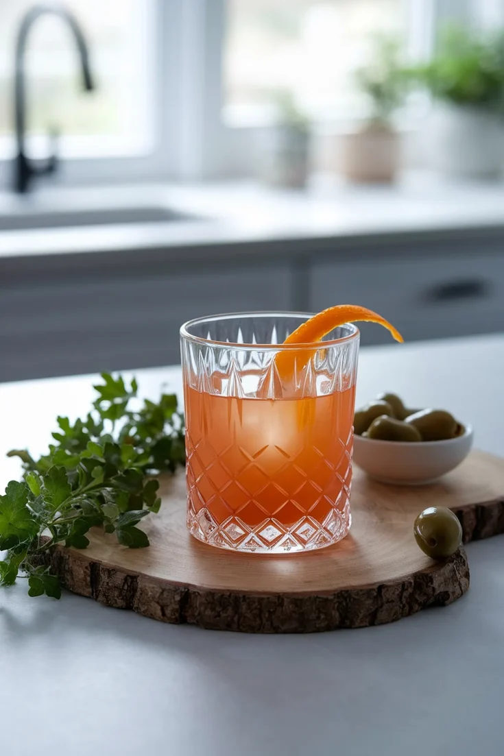 Elegant cocktail with orange twist on a wooden tray, next to fresh herbs and olives in a bright kitchen setting.