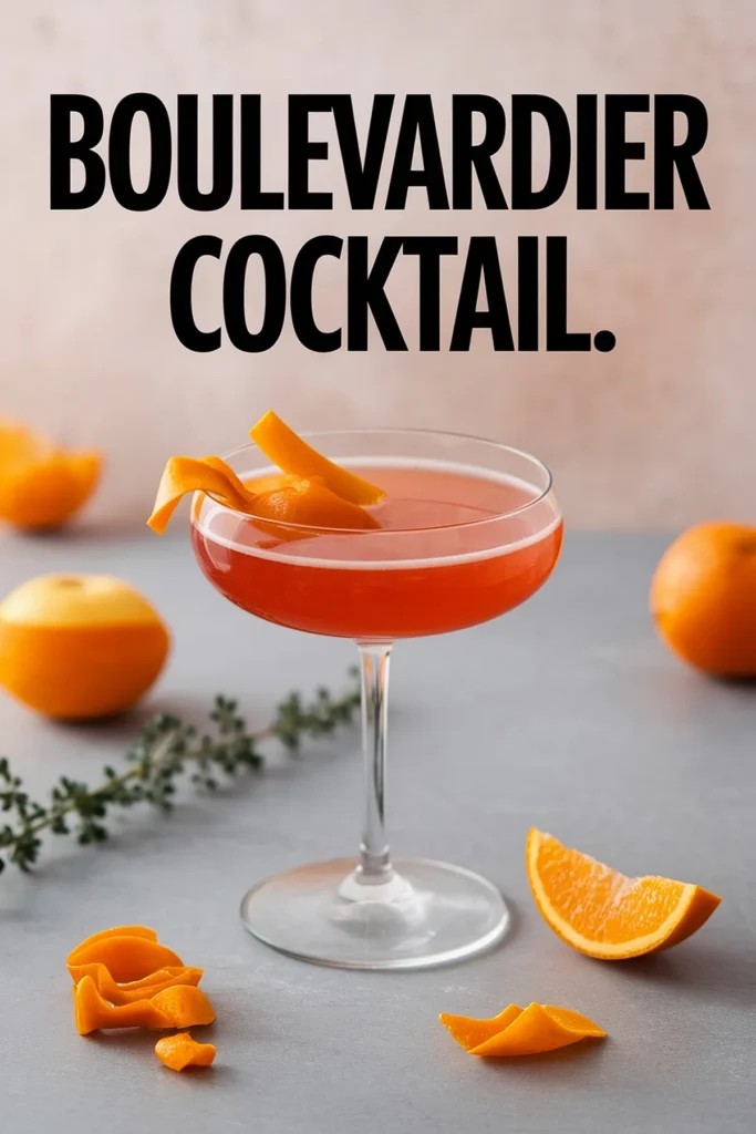 Boulevardier cocktail in a glass with orange garnish, surrounded by fresh oranges and greenery on a gray surface.