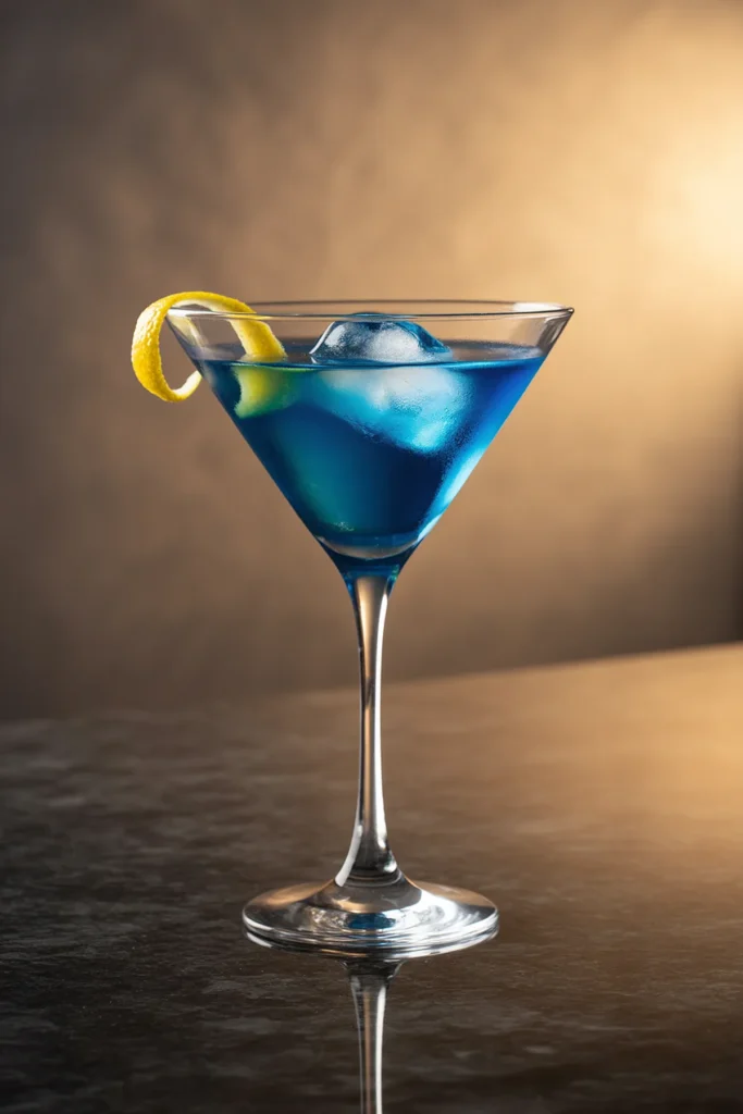 Elegant blue cocktail in a martini glass with lemon twist garnish on a reflective surface.