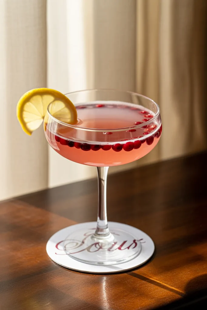 Elegant pink cocktail with berries and lemon slice in glass on a coaster, set against a softly lit curtain background.
