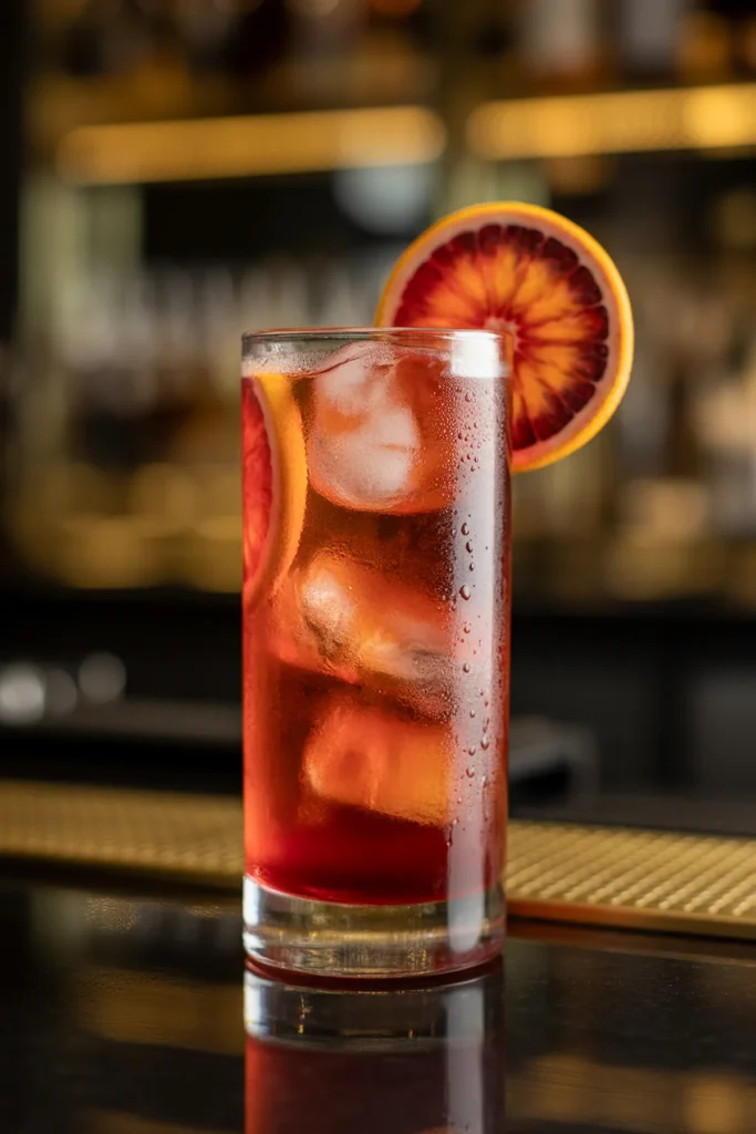 Refreshing cocktail with ice, garnished with a blood orange slice, served on a bar counter.