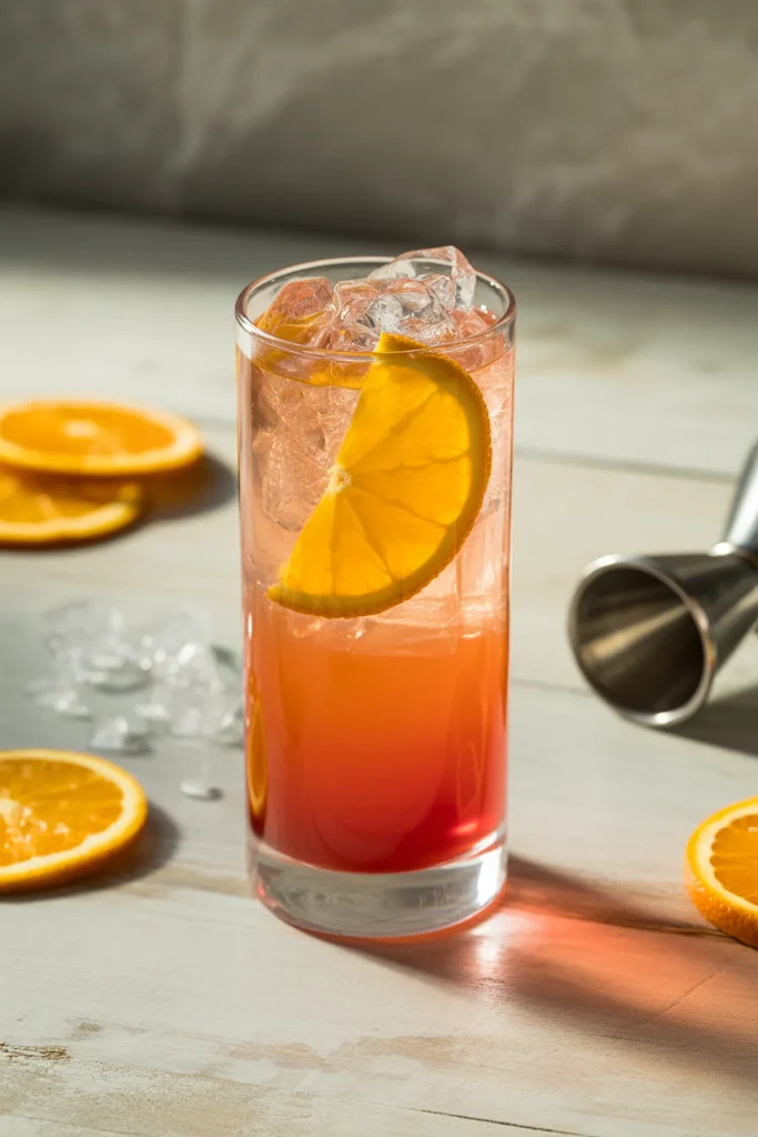 Refreshing orange cocktail with ice and slice, perfect for summer.