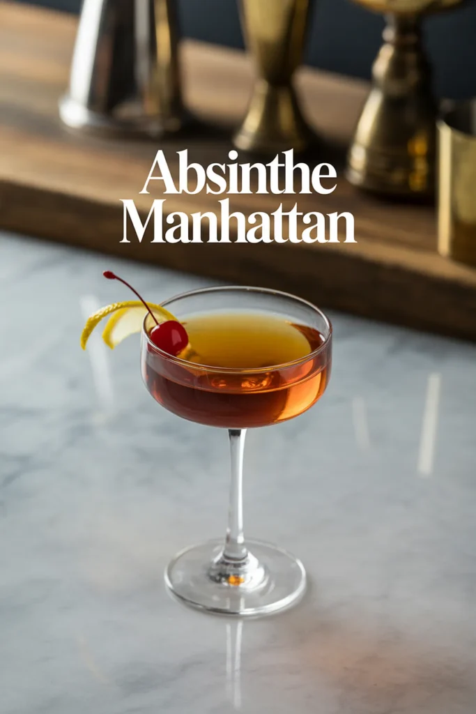 Elegant Absinthe Manhattan cocktail on marble table with lemon twist and cherry garnish.