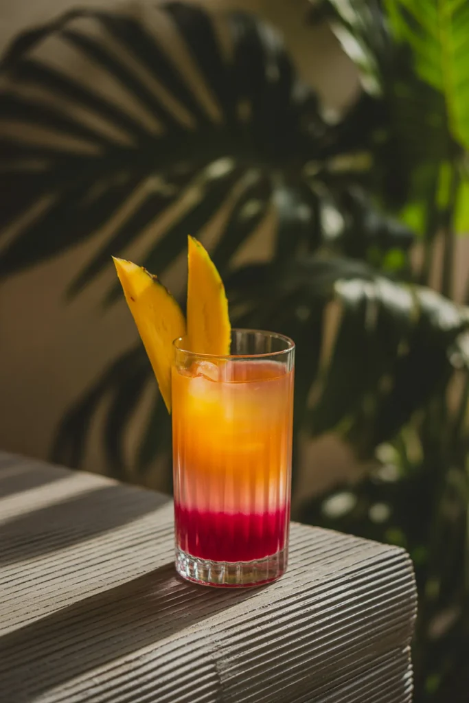 Tropical layered cocktail with pineapple garnishes, set against lush greenery and soft lighting.