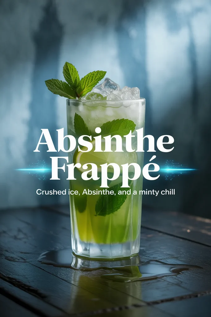 Chilled green absinthe frappé with mint leaves and crushed ice on a wooden surface, perfect summer cocktail.