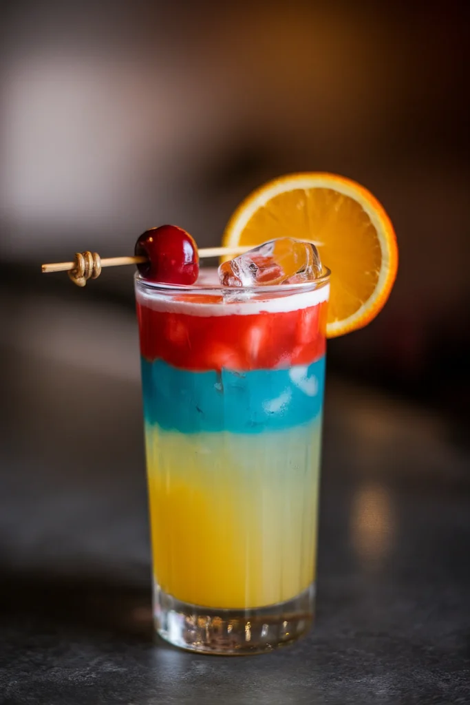 Colorful layered cocktail with orange slice and cherry garnish in a tall glass, on a dark surface.