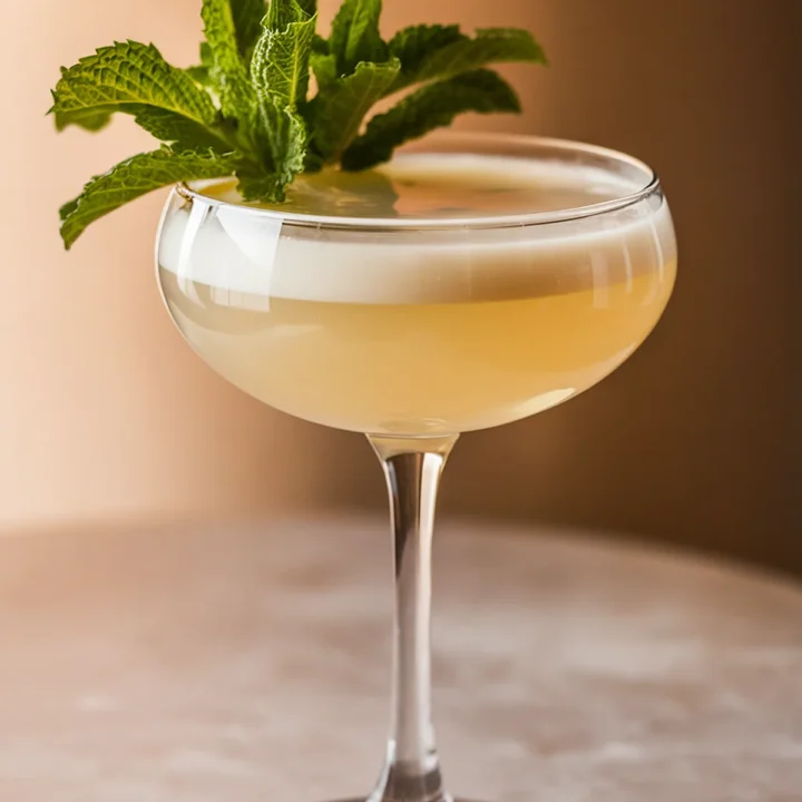 Elegant cocktail topped with fresh mint leaves in a coupe glass on a marble surface, perfect for a refreshing drink.