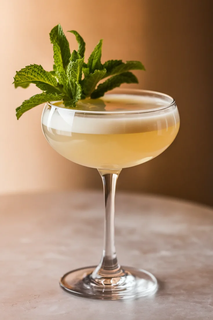 Elegant cocktail topped with fresh mint leaves in a coupe glass on a marble surface, perfect for a refreshing drink.