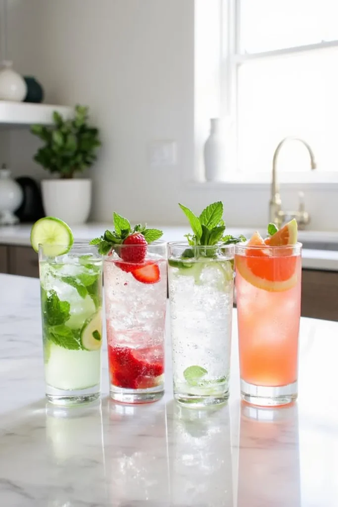 Refreshing summer cocktails with lime, strawberry, mint, and grapefruit garnishes on a kitchen counter.