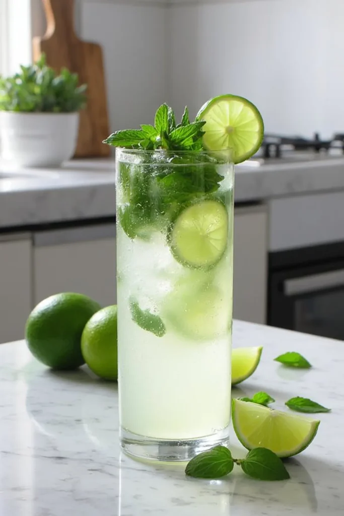Refreshing mojito cocktail with lime and mint on marble countertop in a bright kitchen setting.