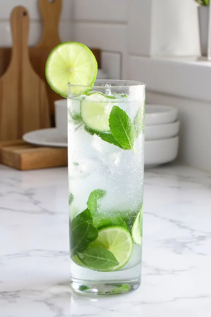 Refreshing mojito with lime, mint, and ice in a tall glass on a marble kitchen counter.
