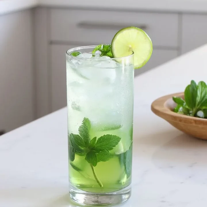 Refreshing mojito cocktail with fresh mint and lime slice on a kitchen counter.