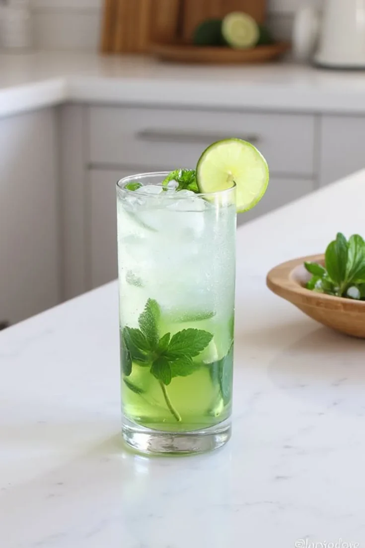Refreshing mojito cocktail with fresh mint and lime slice on a kitchen counter.