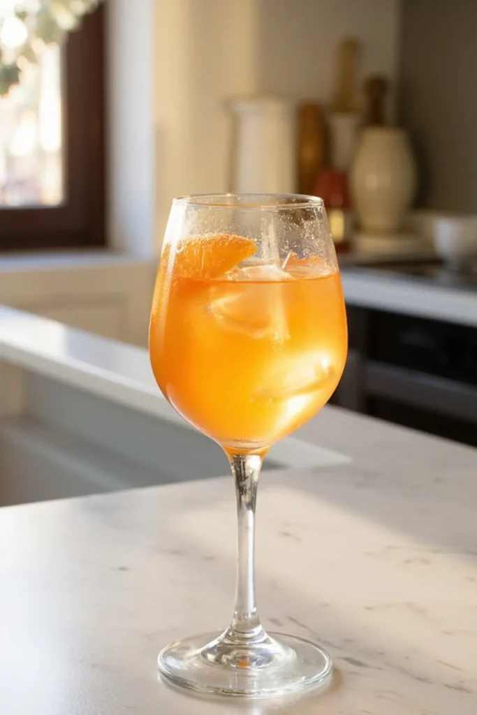 Orange cocktail in a wine glass with ice and an orange slice on a kitchen counter.