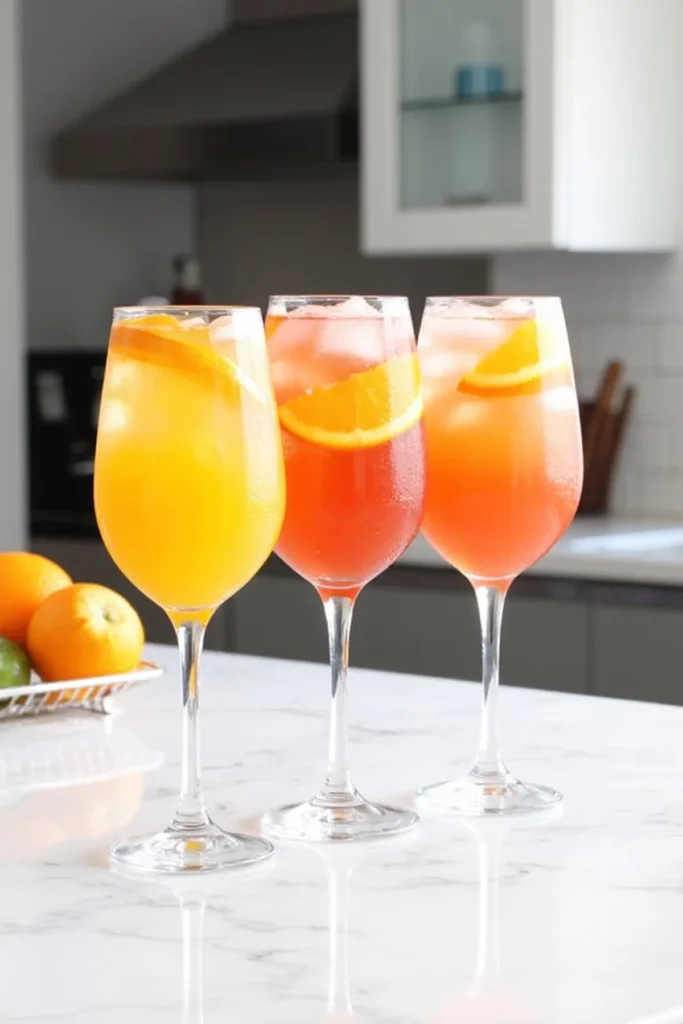 Three colorful cocktails with orange slices on a kitchen counter. Refreshing summer drinks in stem glasses.