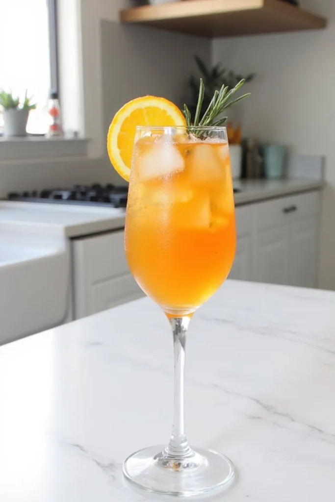 Refreshing orange cocktail with ice, garnished with orange slice and rosemary sprig on a kitchen counter.