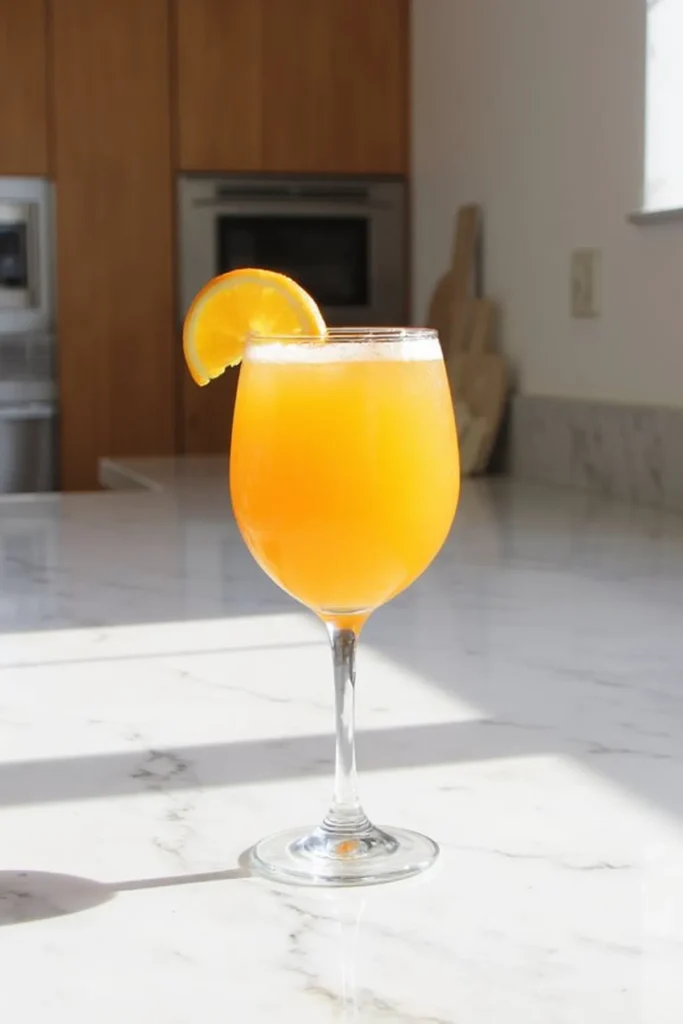 Refreshing orange cocktail in a wine glass, garnished with an orange slice, on a marble countertop. non-alcoholic Italian Spritz