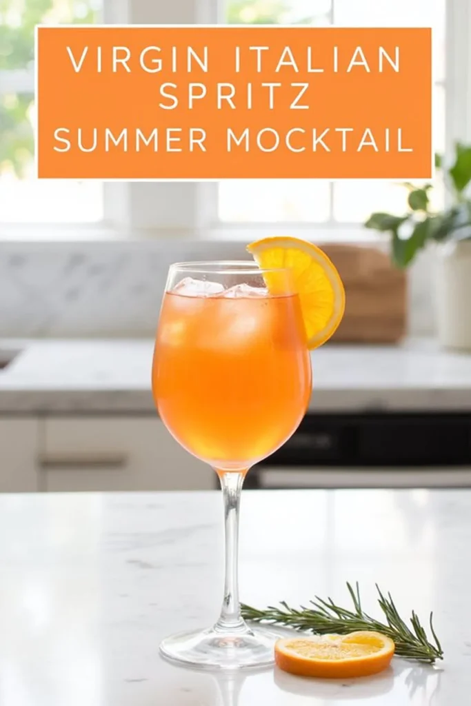 Refreshing Virgin Italian Spritz mocktail with orange slice garnish on a kitchen counter for a perfect summer drink.