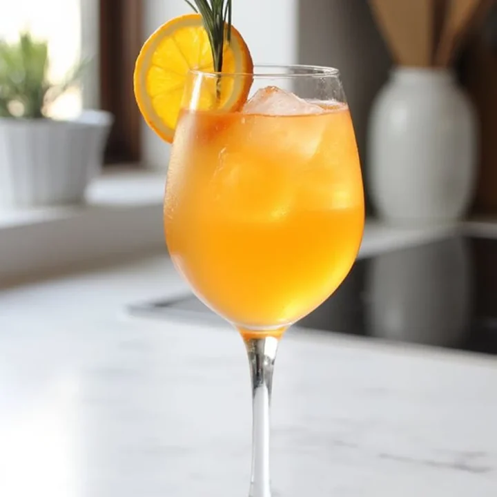 Refreshing orange cocktail with ice, garnished with orange slice and rosemary, on a marble countertop.