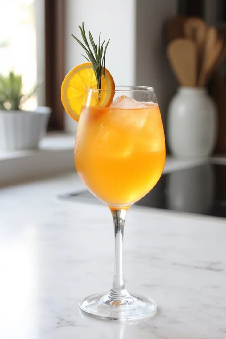 Refreshing orange cocktail with ice, garnished with orange slice and rosemary, on a marble countertop.