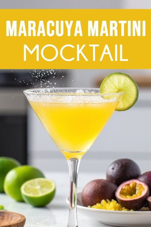 Maracuya martini mocktail garnished with lime, surrounded by fresh passion fruit and limes in a modern kitchen.