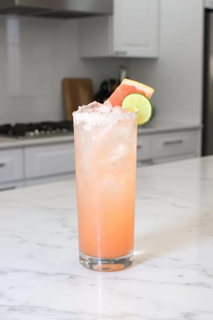 Tall cocktail glass with a pink drink, ice, lime, and grapefruit garnish on a marble countertop.