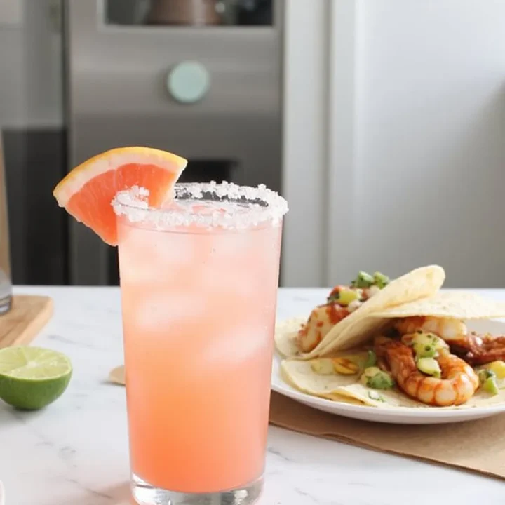 Pink grapefruit cocktail with salted rim and lime beside shrimp tacos on white marble counter.