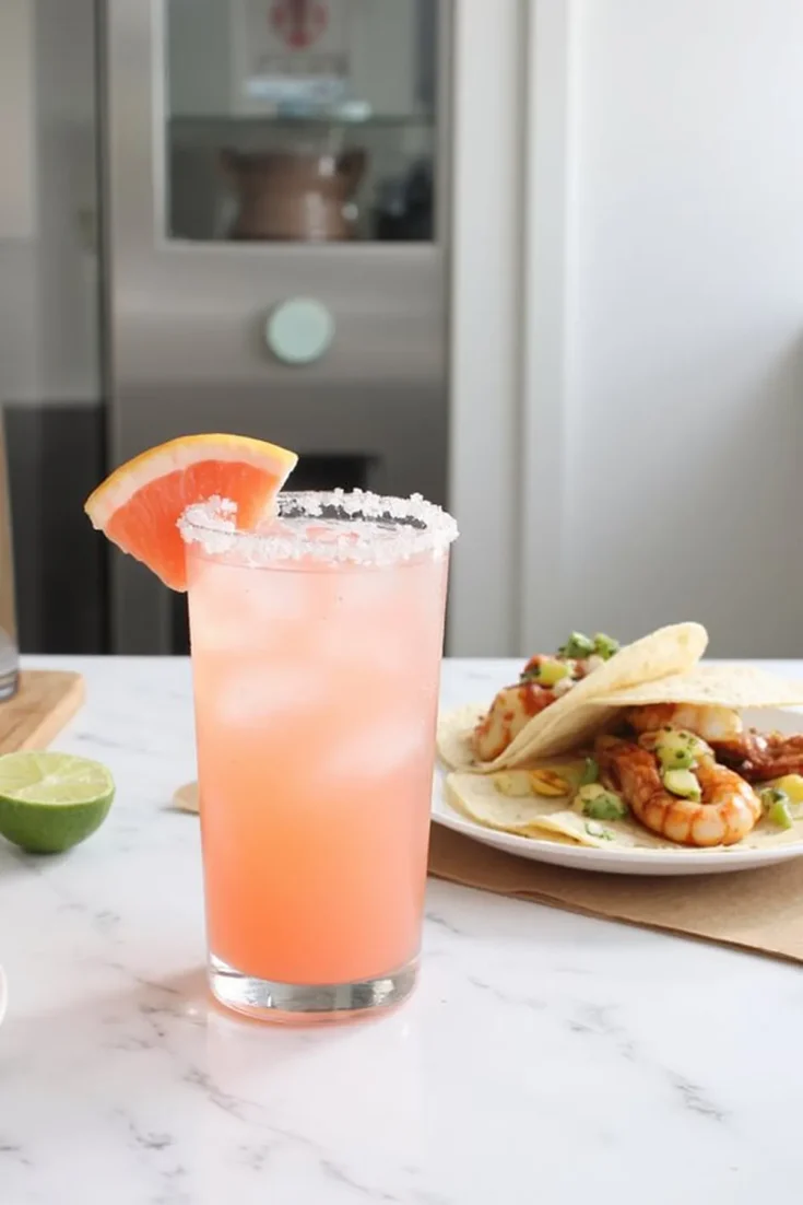 Pink grapefruit cocktail with salted rim and lime beside shrimp tacos on white marble counter.
