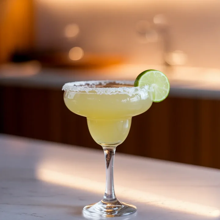 Refreshing margarita cocktail with a salted rim and lime wedge on a marble countertop.