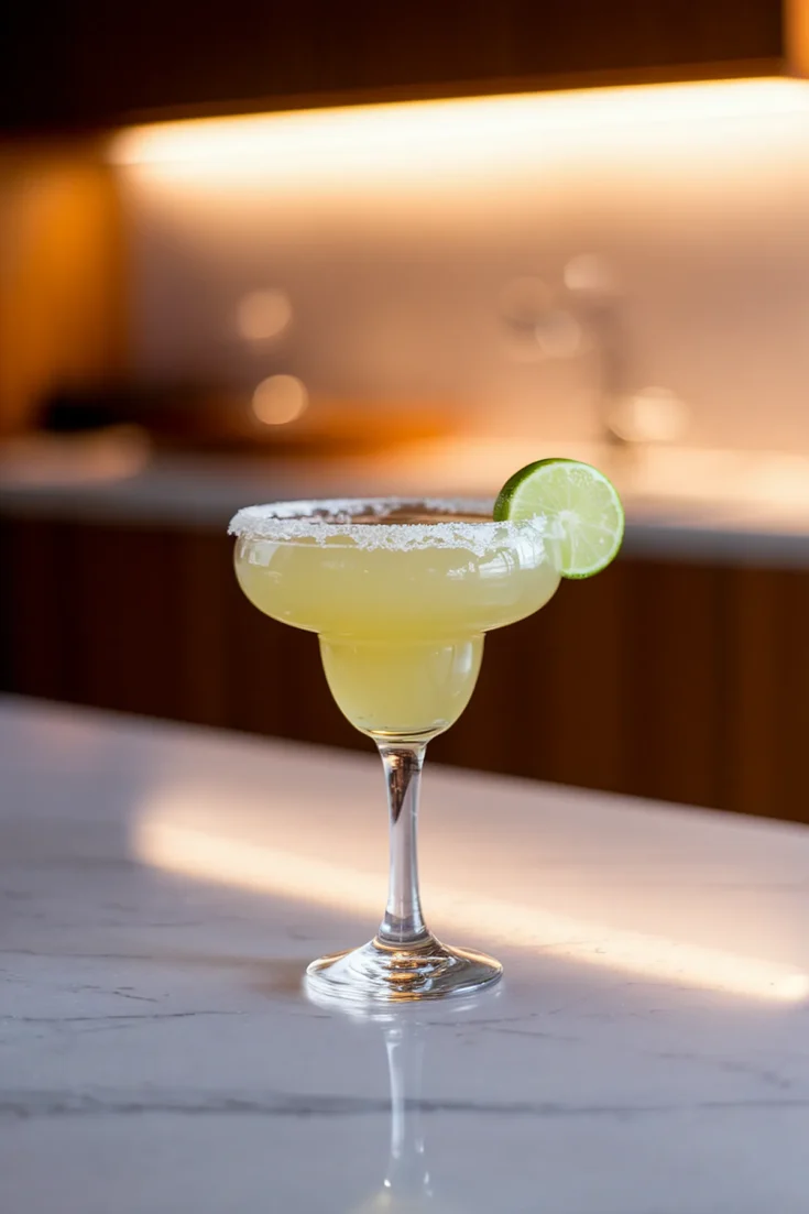 Refreshing margarita cocktail with a salted rim and lime wedge on a marble countertop.