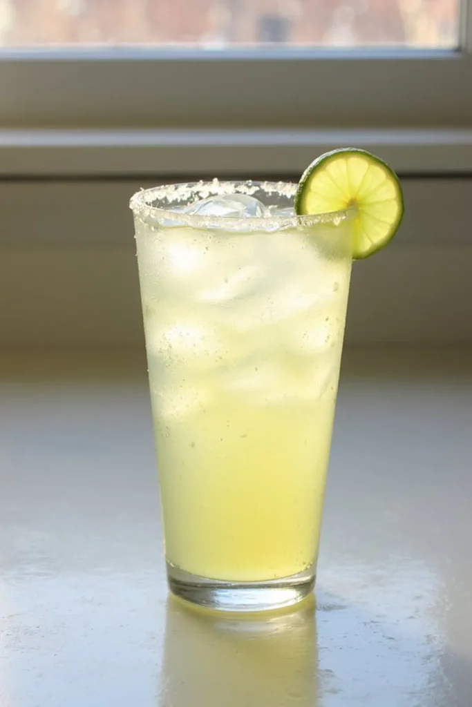 Refreshing margarita with lime slice and salted rim on a sunny day. Perfect summer cocktail.