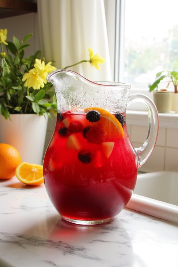 Pitcher of refreshing red berry punch with sliced citrus on a marble countertop, surrounded by fresh oranges and flowers.