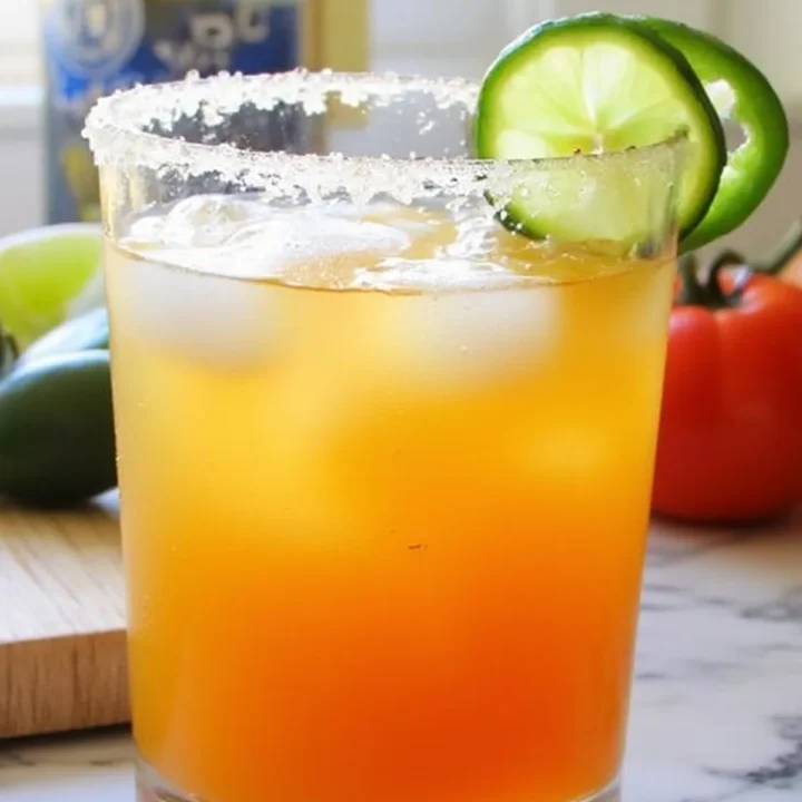 Refreshing orange cocktail with ice, garnished with lime and chili on a marble table. Perfect for a summer drink.