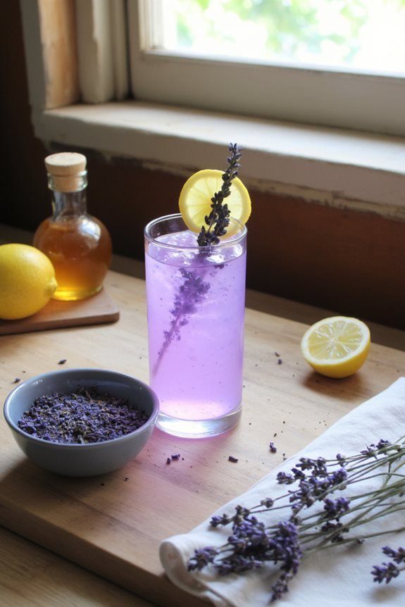 Refreshing lavender lemonade with lemon slice and honey on wooden table by window. Perfect for a summer drink recipe.