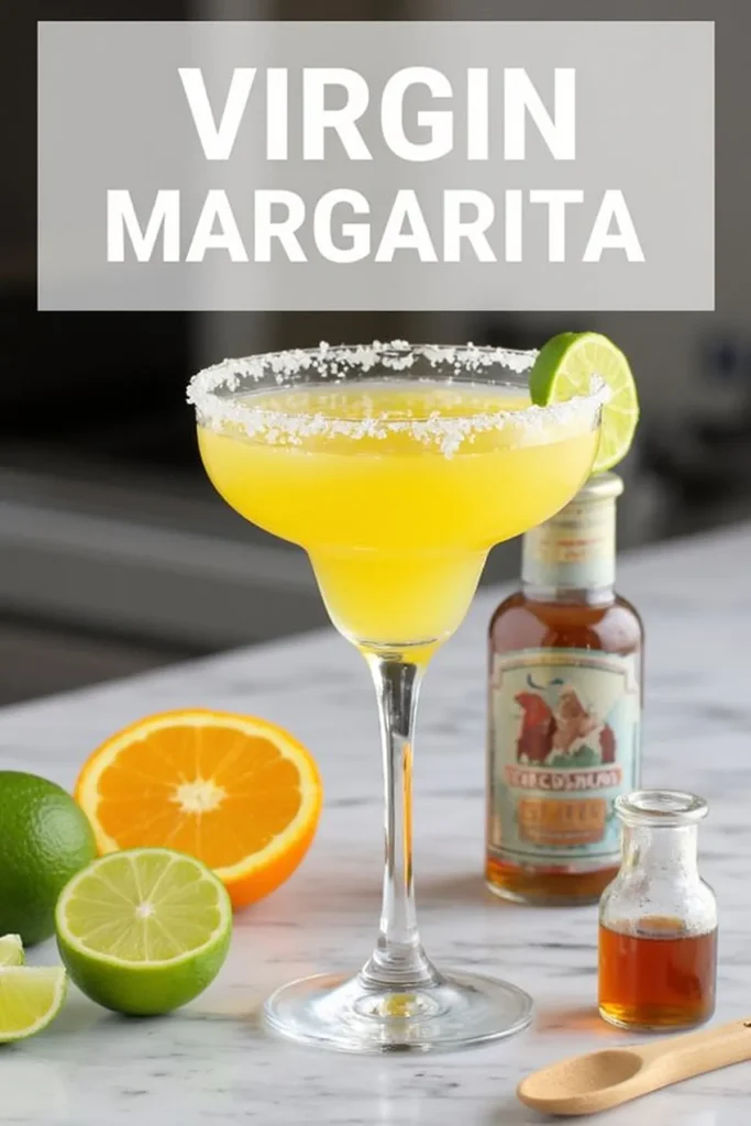 Virgin Margarita with lime, orange, and syrup on a marble surface; refreshing non-alcoholic cocktail.