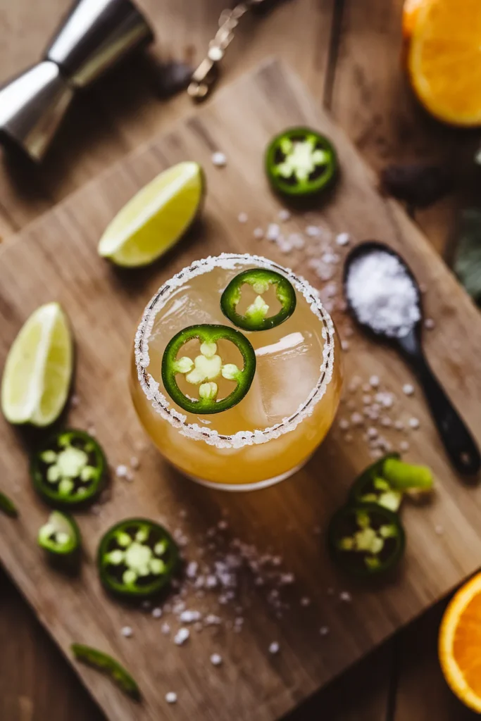 Spicy cocktail with jalapeño slices, lime wedges, and salted rim on a wooden board. Refreshing summer drink idea.