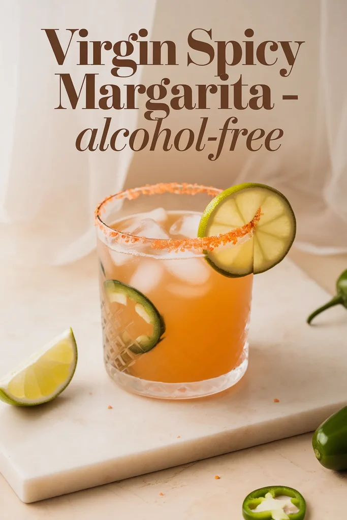 Virgin spicy margarita with lime and jalapeño garnish on ice, alcohol-free cocktail.