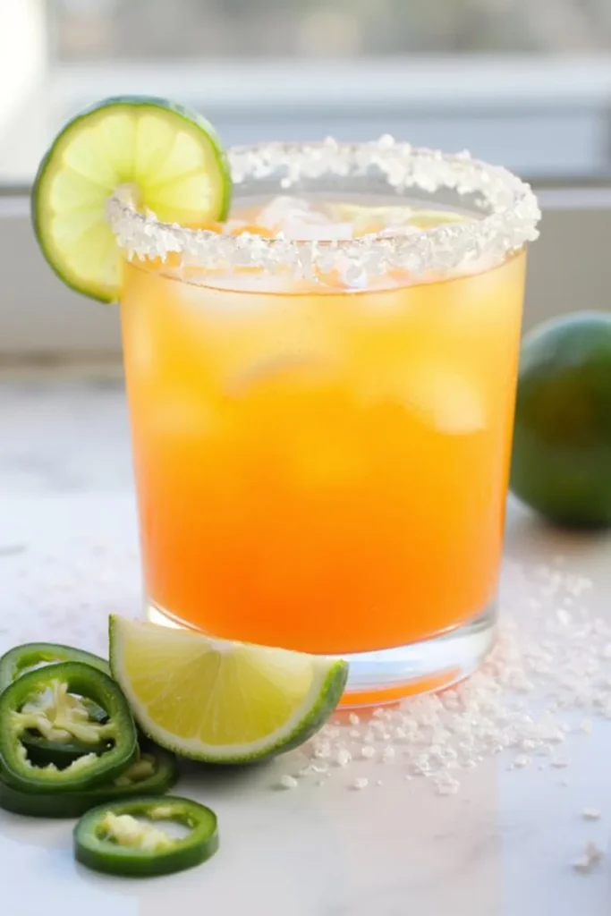 Spicy orange cocktail with lime and jalapeño garnish on a salt-rimmed glass, perfect for a refreshing summer drink.