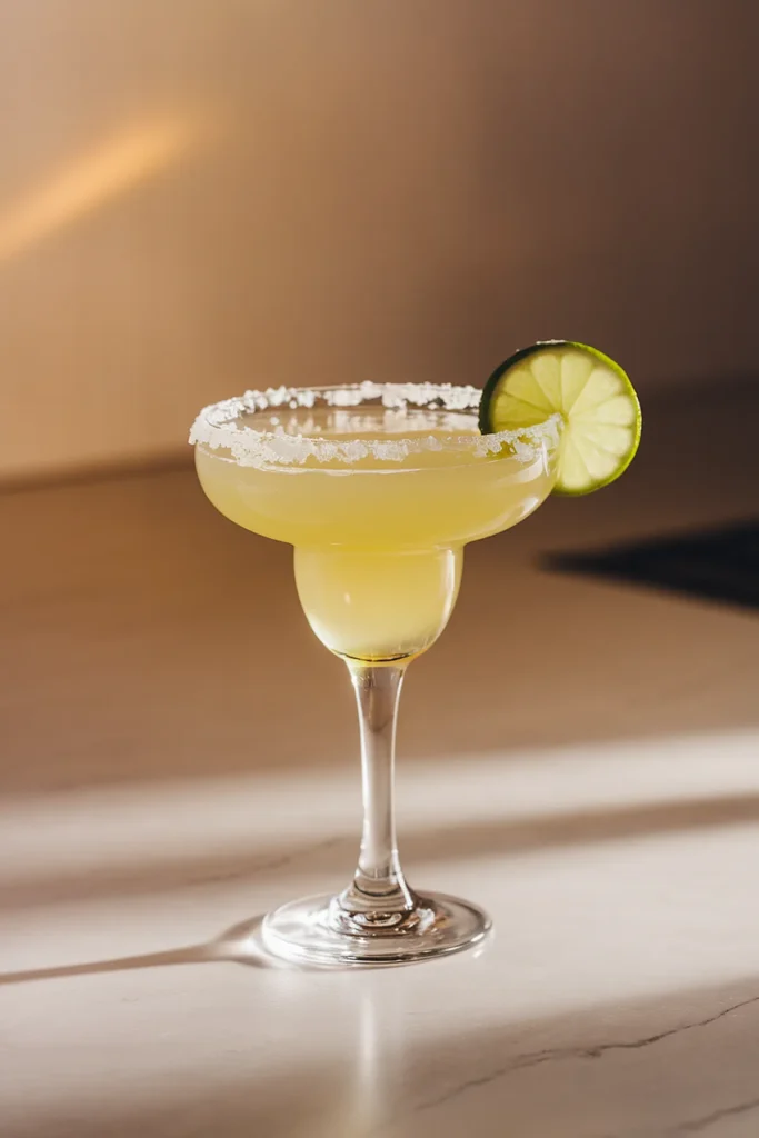 Refreshing margarita cocktail with lime garnish in a salt-rimmed glass on a sunlit counter.