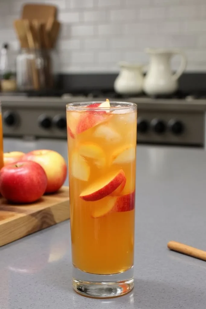 Refreshing apple iced tea with sliced apples in a tall glass on a kitchen counter.