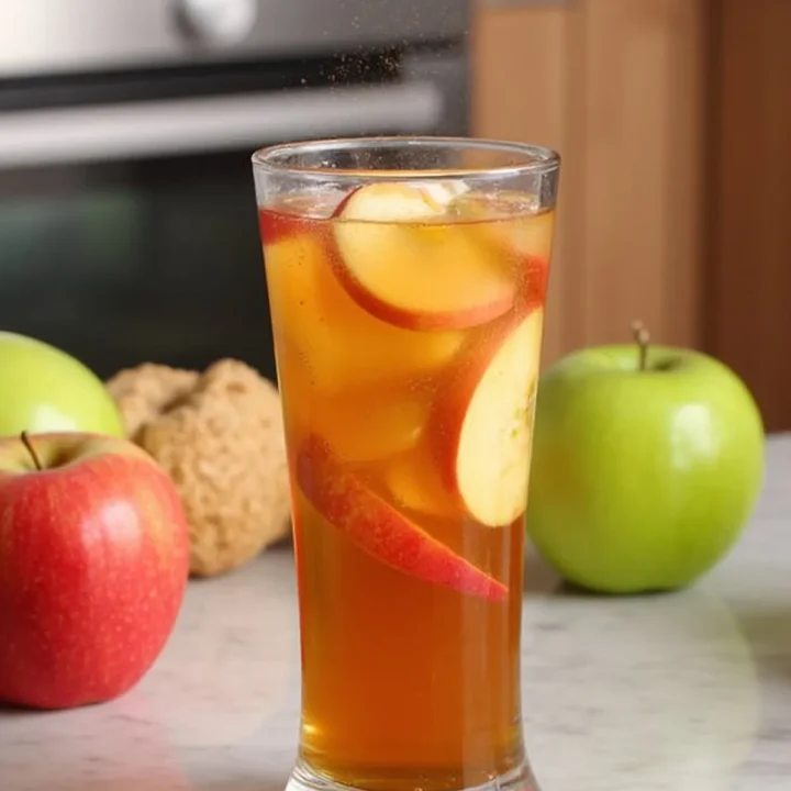 Refreshing apple iced tea with cinnamon, featuring fresh red and green apples on a kitchen counter.