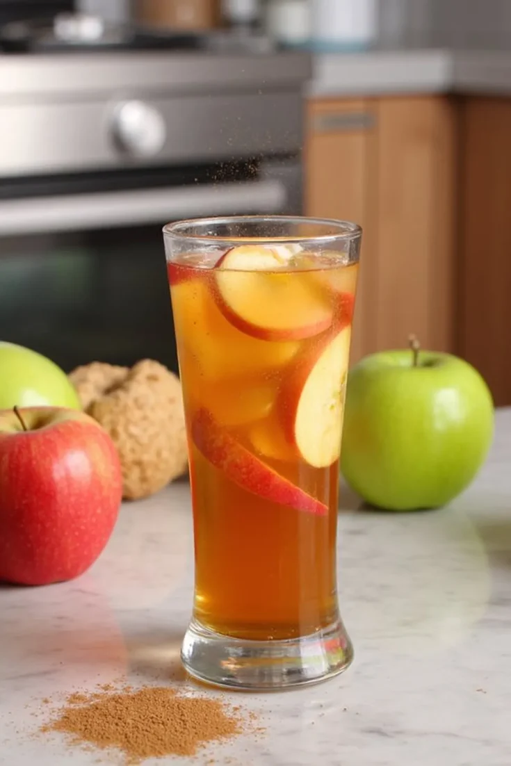 Refreshing apple iced tea with cinnamon, featuring fresh red and green apples on a kitchen counter.