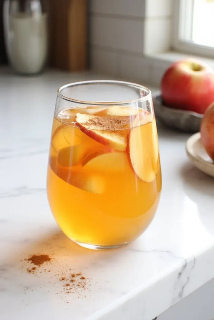 Glass of apple cider on a marble countertop with cinnamon and fresh apple slices, perfect for a cozy autumn day.