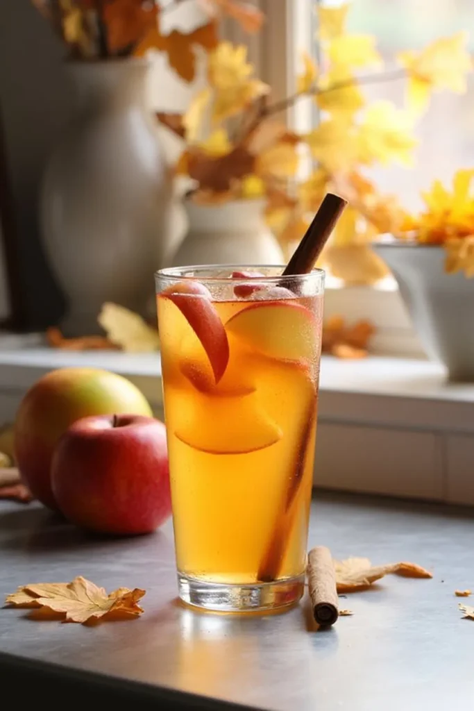 Chilled apple cider with cinnamon sticks in a glass, surrounded by apples and autumn leaves on a sunny windowsill.
