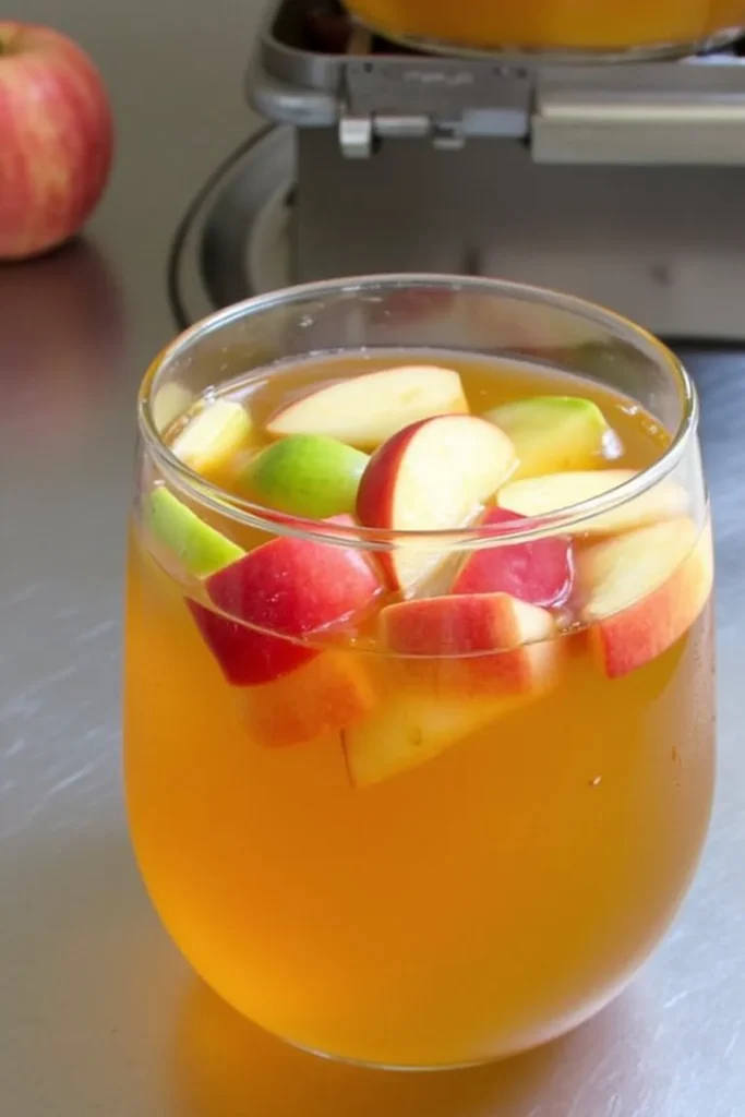 Glass of apple cider with sliced apples on a table, perfect for a refreshing fall drink.