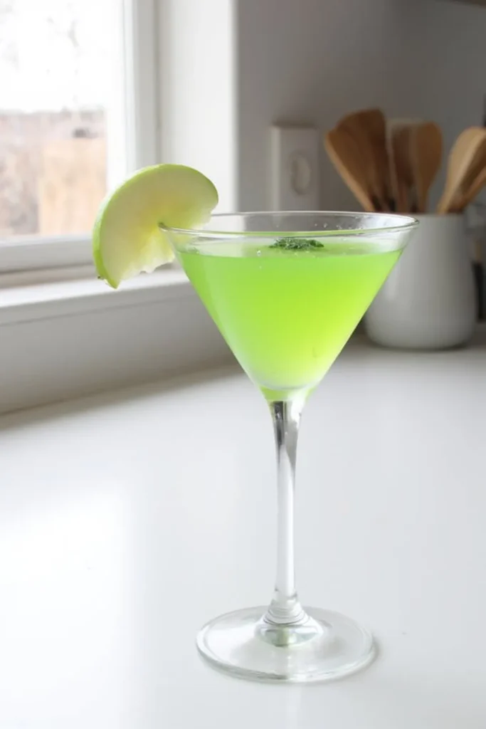 Bright green apple martini with slice on rim, placed on a white countertop near a window.