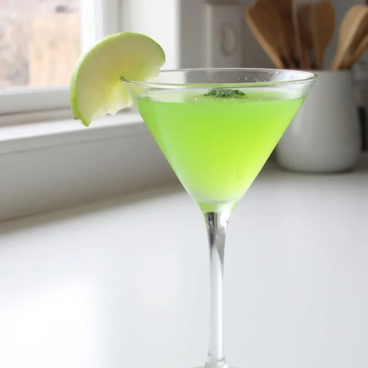 Bright green apple martini with slice on rim, placed on a white countertop near a window.