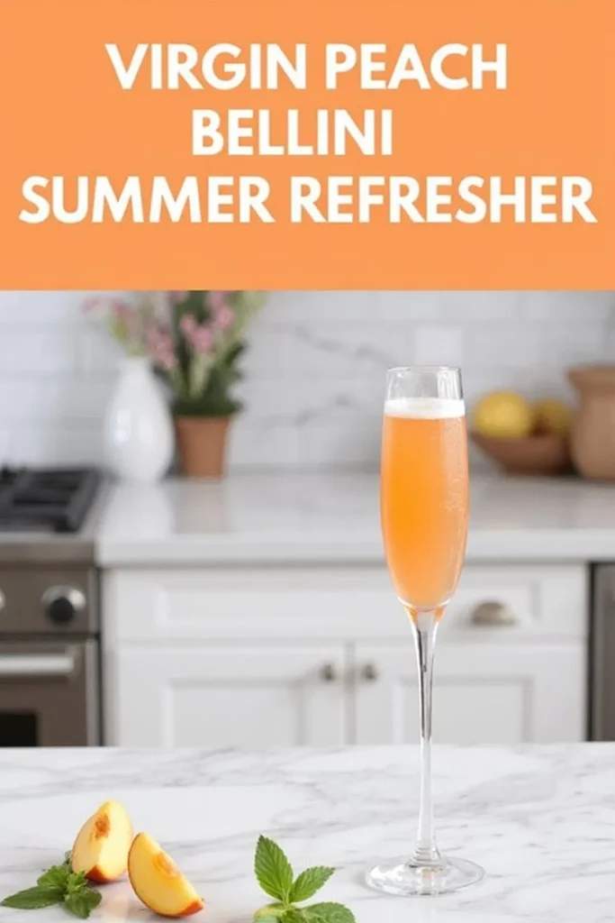 baby Bellini Mocktail in a tall glass with peach slices and mint on a marble counter. Perfect summer refresher.