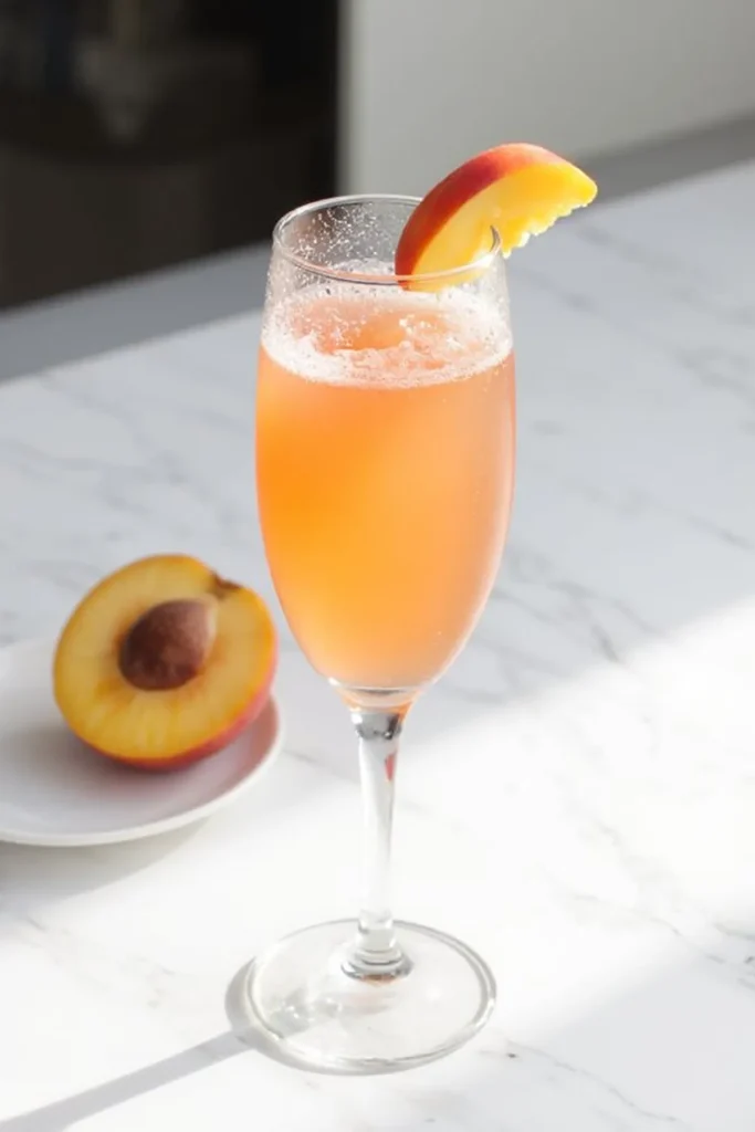 Peach bellini cocktail in flute glass, garnished with fresh peach slice on marble table, half a peach beside.